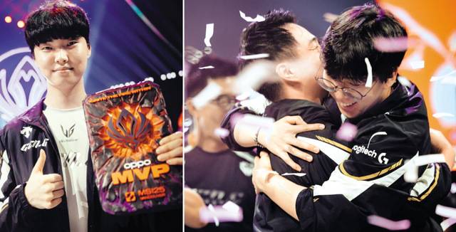 젠지가 지난 13일 캐나다 밴쿠버의 퍼시픽 콜리세움에서 열린 2025 미드 시즌 인비테이셔널(MSI) 결승전에서 라이벌 T1을 꺾고 우승을 차지했다. 결승전 MVP에 오른 뒤 포즈를 취한 ‘쵸비’ 정지훈(왼쪽)과 우승을 확정지은 후 얼싸안고 기뻐하는 젠지 이지훈 상무, ‘룰러’ 박재혁. 라이엇 게임즈 제공