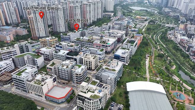 경기도 하남시 풍산동 ‘미사강변센트럴자이’ 아파트와 풍산동 학원가의 모습. 안경찬 PD