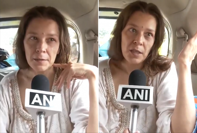 인도에서 비자 만료된 상태로 체류하던 러시아 여성 니나 쿠티나가 최근 카르나타카주(州) 고카르나 인근 동굴에서 두 딸과 함께 살다 경찰에 발견된 후 인도 ANI통신과 인터뷰하고 있다. ANI통신 액스 캡처