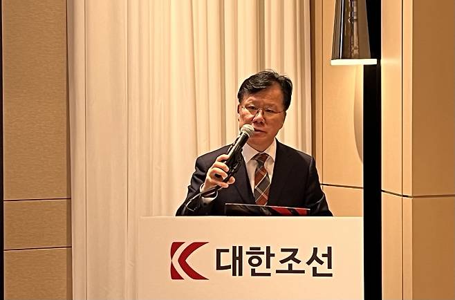 왕삼동 대한조선 대표이사가 17일 서울 여의도 페어몬트 앰배서더에서 열린 기업공개(IPO)간담회에서 발언하고 있다./사진=김보라 기자