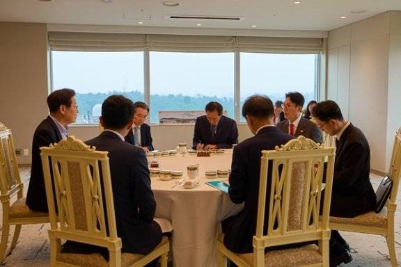 이재명 대통령이 7월 7일 서울 용산 대통령실 청사에서 김민석 국무총리와 주례 보고 회동을 하고 있다. 대통령실