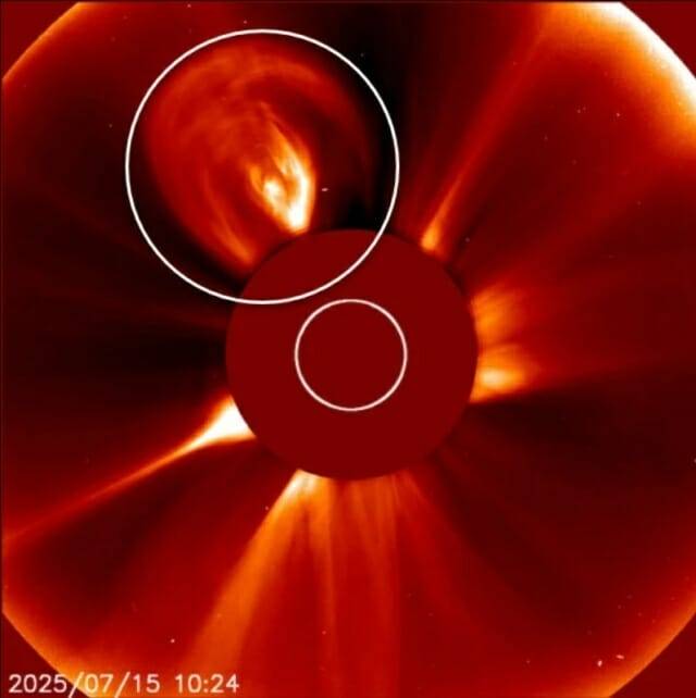 2025년 7월 15일 태양 필라멘트 붕괴로 인한 CME 현상을 포착한 이미지 (출처=NASA/ESA/SOHO)