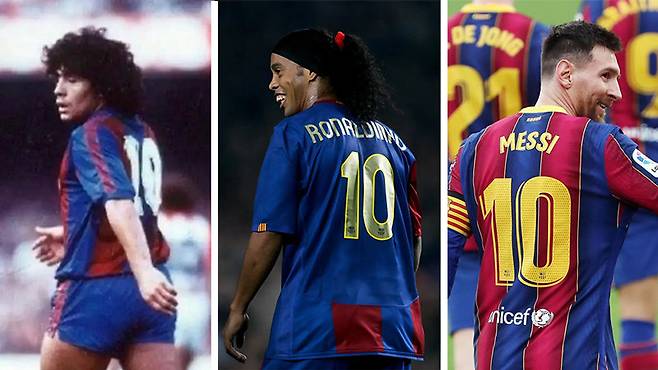 과거 바르사에서 10번을 달았던 세계적인 스타 선수들. 왼쪽부터 디에고 마라도나, 호나우지뉴, 리오넬 메시. 사진 출처 야말·호나우지뉴·메시 인스타그램