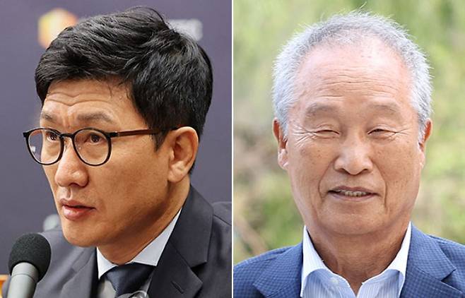 이기훈 웰바이오텍 회장 겸 삼부토건 부회장(왼쪽)과 조성옥 전 삼부토건 회장. 연합뉴스·류영주 기자