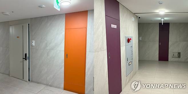 층마다 다르게 칠해진 복도 벽면 (서울=연합뉴스) 최혜정 인턴기자 = 유니버설디자인하우스-장안 건물 내부 복도 벽면은 층마다 다른 색깔로 칠해져 있었다. 2025.7.18