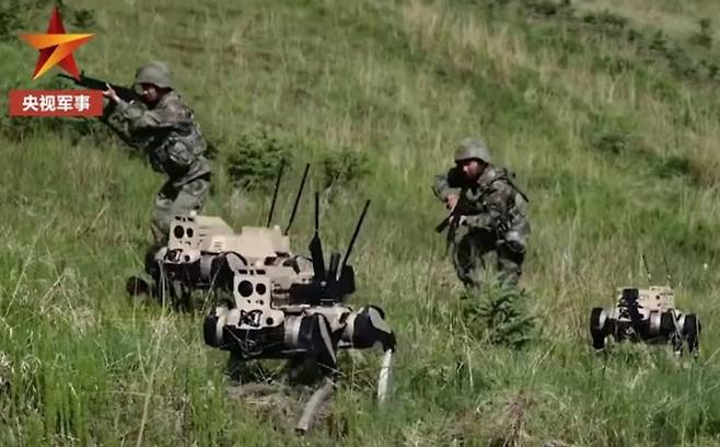 중국 인민해방군 훈련에 투입된 ‘로봇늑대’ 모습. CCTV 캡처