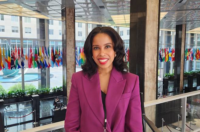 미국 국무부의 휴스턴 부대변인 (워싱턴=연합뉴스) 송상호 특파원 = 미뇬 휴스턴 미국 국무부 부대변인이 18일(현지시간) 워싱턴DC 국무부 청사에서 연합뉴스 특파원과 인터뷰하고 있다. 2025.7.18