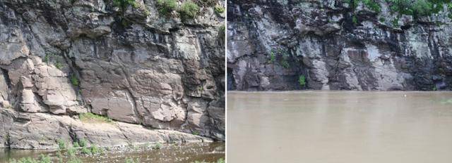 유네스코 세계문화유산으로 등재된 국보 제285호 울산 울주군 '대곡리 반구대 암각화'(왼쪽 사진)가 19일 물에 잠겨 있다(오른쪽). 울산=연합뉴스