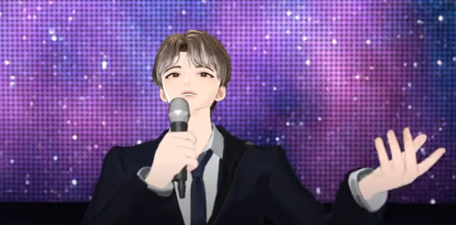 버추얼 아이돌 다비드 봉이 8일 쇼케이스에서 데뷔곡 '스타라이트'를 부르고 있다. EBS 캡처