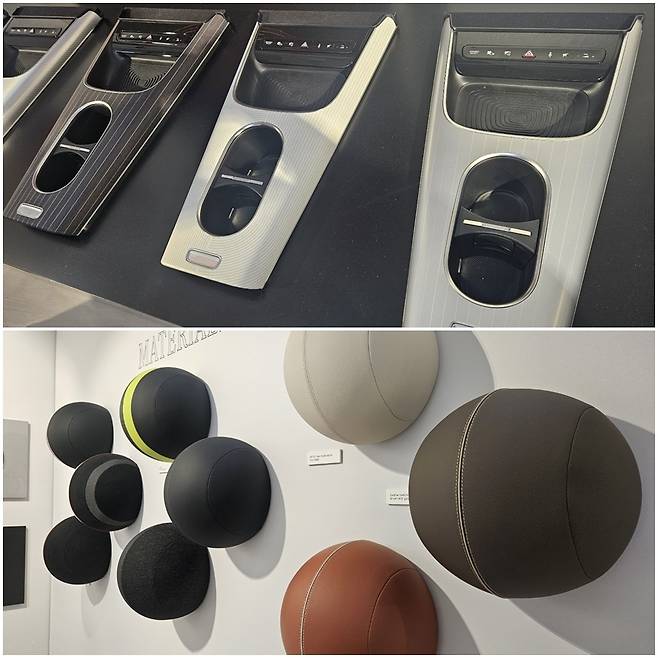 더 뉴 CLA 실내 콘솔 디자인 샘플(위), 시트 등에 적용된 친환경 소재 샘플. 코펜하겐=서재근 기자