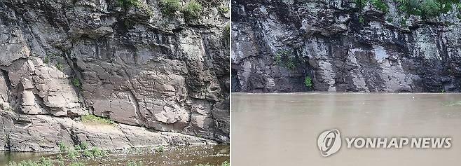 반구대 암각화 침수 전·후 모습 (울산=연합뉴스) 김용태 기자 = 19일 울산 울주 대곡리 반구대 암각화가 호우에 사연댐 수위가 상승하면서 물에 잠겨 보이지 않고 있는 모습(오른쪽 사진). 왼쪽 사진은 지난 3일 동일한 구도로 촬영한 반구대 암각화 모습. 2025.7.19 yongtae@yna.co.kr