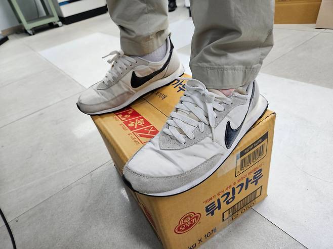 기자가 가로 350㎜, 세로 255㎜ 크기의 ‘고강도 경량 골판지 상자’ 위에 올라섰지만, 상자가 살짝 찌그러질 뿐 별다른 문제가 없었다. /박용선 기자