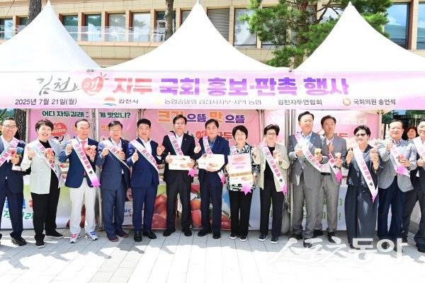 김천시가 국회 소통관 앞마당에서 ‘김천 자두’ 판촉·홍보 행사를 전개하고 있다. 사진제공 ㅣ 김천시