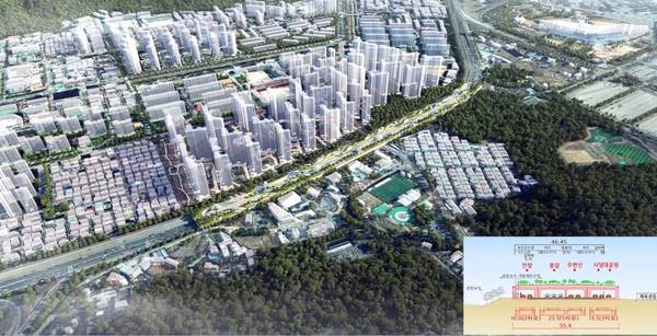 22일 과천시민회관에서 개최된 ‘과천, 미래 도시개발 방향과 전략 정책 토론회’에서 이태옥 과천미래100년 자문위원이 소개한 ‘과천대로 입체개발계획 조감도’. /과천시의회 제공