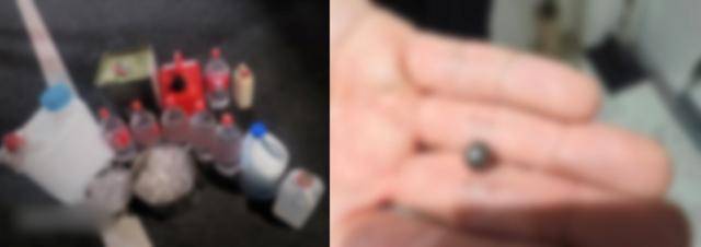 지난 20일 인천에서 사제 총기로 30대 아들을 살해한 60대 남성의 서울 거주지에서 발견된 시너가 담긴 통들(왼쪽)과 산탄의 쇠구슬. 인천 연수경찰서 제공