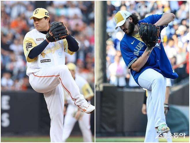 한화 외국인투수 코디 폰세(오른쪽)가 12일 대전한화생명볼파크에서 열린 ‘2025 신한 SOL 뱅크 KBO 올스타전’에서 나눔 올스타 선발투수로 등판해 류현진의 투구폼을 따라하고 있다. 사진제공|한화 이글스