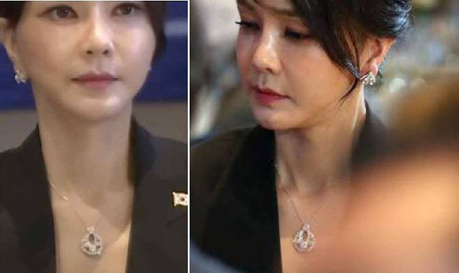 반 클리프 앤 아펠 목걸이를 한 윤석열 대통령 부인 김건희 여사. 해당 목걸이와 윤모 전 통일교 세계본부장이 전달한 목걸이는 다른 목걸이다. (사진=김의겸 전 더불어민주당 의원 페이스북)