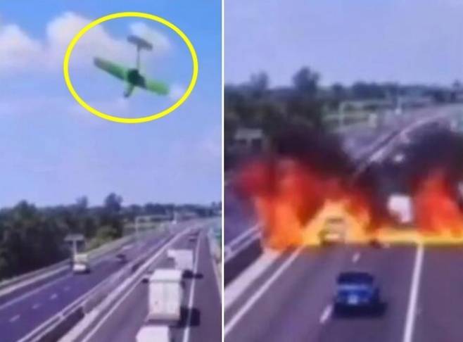 이탈리아 현지 시간으로 22일 북부 룸바르디아주(州) 브레시아에 있는 한 고속도로로 경비행기가 추락했다. CCTV 영상 캡처