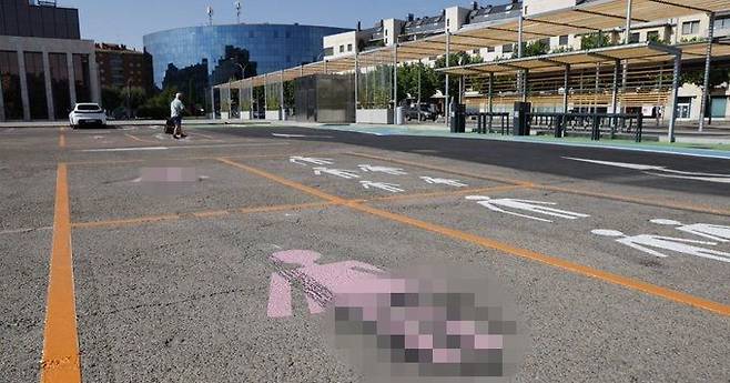 스페인 레온시가 도입한 여성 전용 주차 공간. 시가 이 정책을 시행한 지 일주일 만에 분홍색 여성 이미지에 남성 성기가 덧그려진 모습이다. 엑스(X·옛 트위터) 캡처