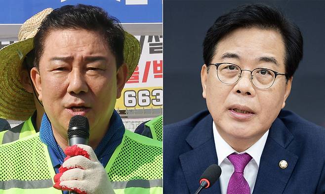 김병기 더불어민주당 대표 직무대행 겸 원내대표(왼쪽)가 24일 경기도 가평군 조종면 수해 피해 현장을 찾아 복구 지원활동에 앞서 발언하고 있다. 오른쪽은 같은날 송언석 국민의힘 비상대책위원장 겸 원내대표가 서울 여의도 국회에서 열린 비상대책위원회의에서 모두 발언을 하는 모습. 뉴스1