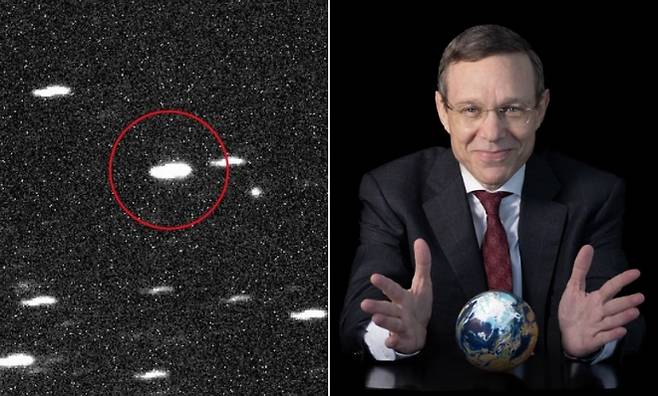 성간 천체 ‘3I/ATLAS’(왼쪽)는 2025년 딥 랜덤 서베이 망원경에 의해 포착된 실제 영상으로, 외계 문명이 보낸 정찰선일 가능성도 제기됐다. 이를 주장한 아비 로엡 하버드대 교수(오른쪽)는 해당 천체가 자연적 기원이 아닌 외계 인공물일 수 있다는 가설을 논문을 통해 밝혔다. 출처=K. Ly 딥 랜덤 서베이, 크리스토퍼 마이클(CC BY-SA 4.0)