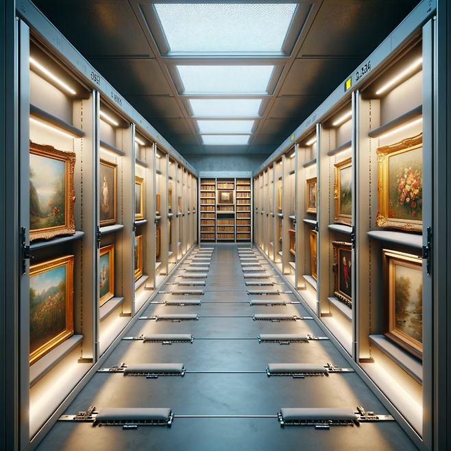 인천국제공항 자유무역지역 내 미술품 전문 수장고 ‘더프리포트 서울’의 프라이빗 수장고 미술품 보관 3D 모델 예시. 바닥에 보이는 장치는 미술품 이송 시 작품에 충격이 가지 않도록 하는 거치대다. 더프리포트