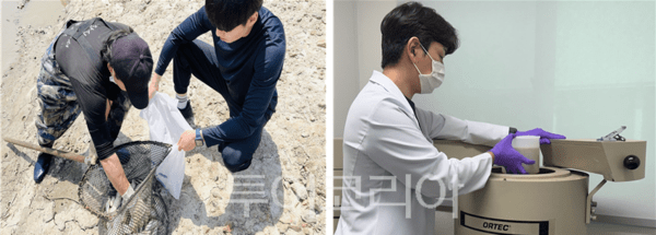 (좌)수산물 안전성조사 시료수거 모습, (우)수산물 방사능 검사 모습
