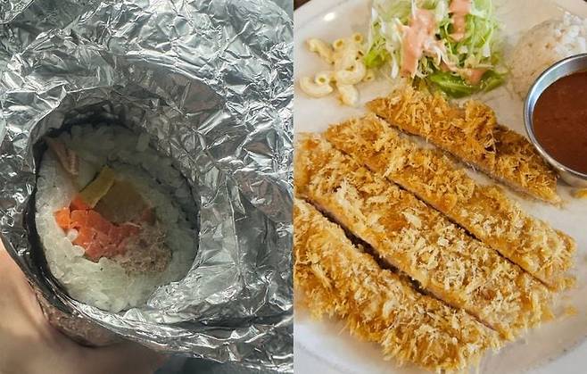 고속도로 휴게소에서 산 6000원짜리 김밥(왼쪽)과 1만1000원짜리 돈까스. /온라인 커뮤니티
