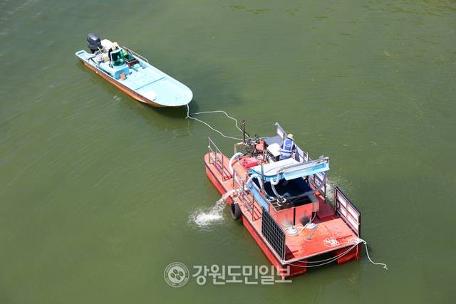 ▲ 연일 최강 폭염이 이어지면서 한강 최상류인 인제군 소양호 일원에 녹조가 발생해 확산 방지에 비상이 걸린 가운데 29일 K-WATER 소양강댐지사 관계자들이 인제대교 인근 소양호에서 녹조제거작업을 벌이고 있다. 이동명 기자