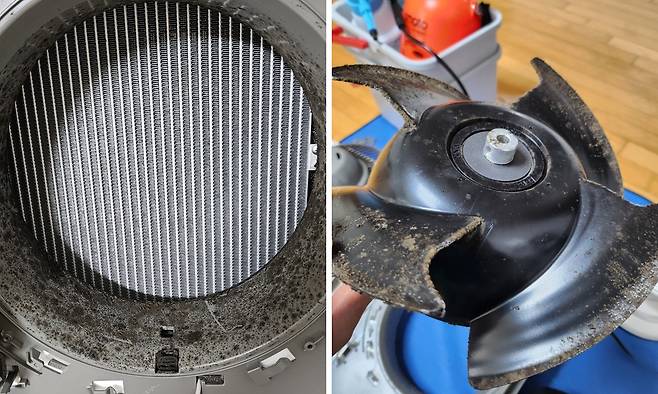 에어컨 내부 부품에 곰팡이가 퍼진 모습. 온라인 커뮤니티 캡처