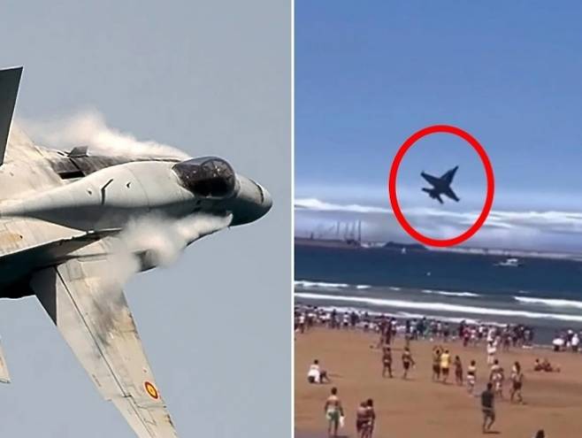 스페인 현지시간으로 지난 27일 스페인 공군 F/A-18 호넷 전투기가 해변 에어쇼 도중 파도와 거의 충돌할 뻔한 사고(오른쪽)가 발생했다. 엑스 캡처. 왼쪽은 F/A-18 호넷 전투기 자료사진