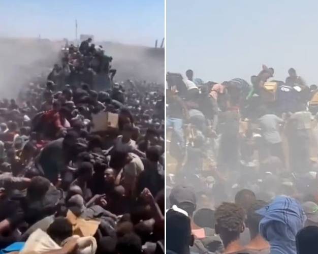 26일(현지시간) 팔레스타인 가자지구 남부 라파에 트럭 두 대가 들어서자 셀 수 없이 많은 가자 주민이 몰려들었다. 엑스 캡처