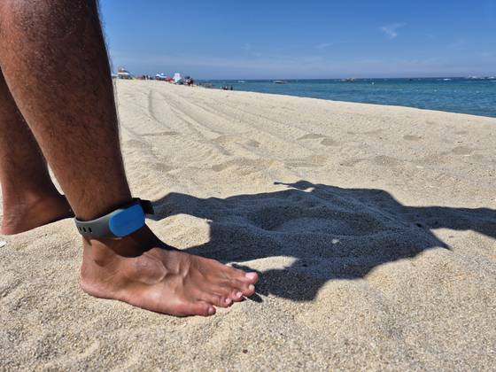 지난 25일 강원 강릉시 경포해수욕장에 상어와 해파리의 접근을 막는 유해 생물 방지망이 설치돼 있다. 수상안전요원이 개인부착형 상어퇴치기를 착용한 모습. 박진호 기자