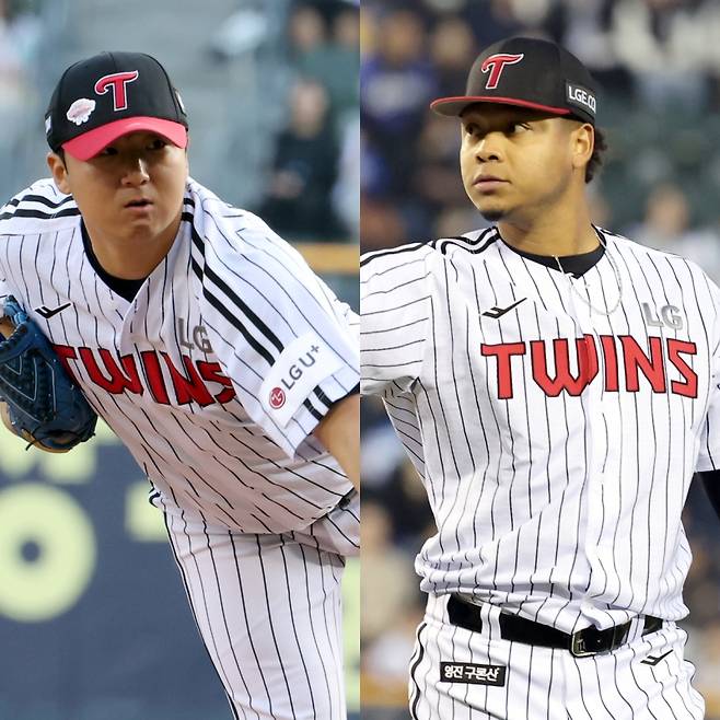 LG 송승기(왼쪽)와 에르난데스. IS 포토