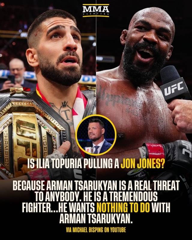 ‘독설가’ 마이클 비스핑은 토푸리아를 강하게 비판했다. 그는 “토푸리아는 존스를 따라 하고 있는 건가? 사루키안은 누구에게나 위협이 될 수 있는 진짜 강자다. 많은 사람이 그가 마지막 순간 경기를 치르지 않아 비판하지만 그럴 수 있다. 그건 좋은 일은 아니다. 다만 사루키안은 정말 좋은 파이터다. 분명하다. 모든 걸 갖췄고 전성기다. 진짜 괴물. 그런데 토푸리아는 사루키안과 싸워야 한다면 챔피언 벨트를 내려놓는다고 한다”고 이야기했다. 사진=MMA 파이팅 SNS