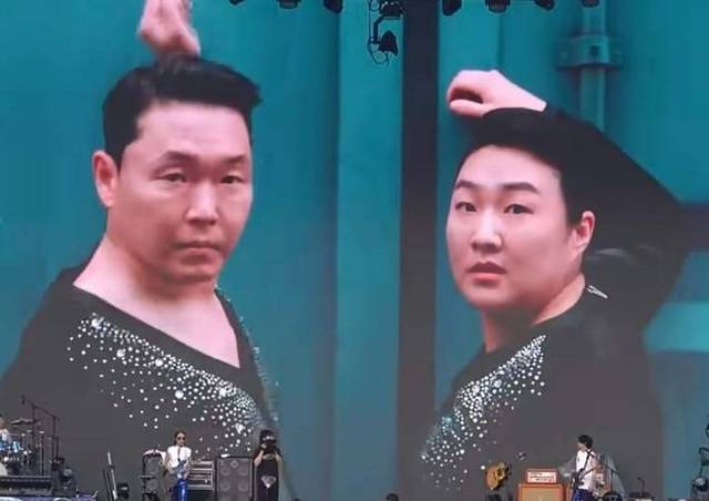 가수 싸이와 개그우먼 이수지가 흠뻑쇼에서 공연하는 모습. 탁현민 국회의장 행사기획자문관 인스타그램