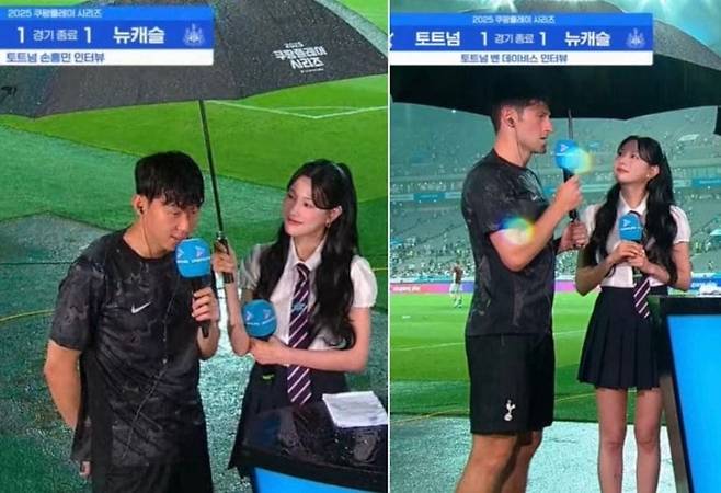 이달 3일 서울월드컵경기장에서 열린 토트넘 홋스퍼와 뉴캐슬 유나이티드 FC의 경기를 마치고 인터뷰하는 손흥민(왼쪽 사진)과 벤 데이비스./ 쿠팡플레이 캡처