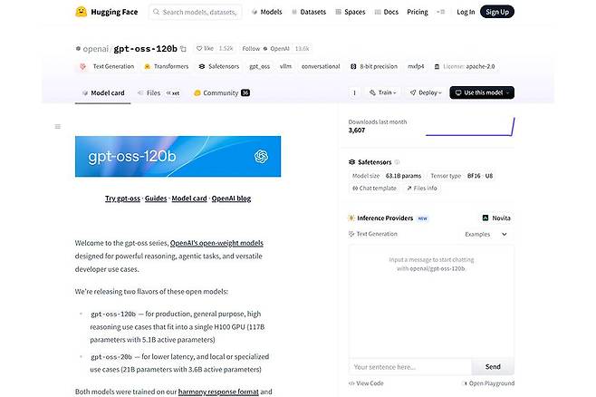 허깅페이스에 등재된 gpt-oss-120b 모델, 개발자 누구나 다운로드해서 무료로 사용할 수 있다 / 출처=IT동아