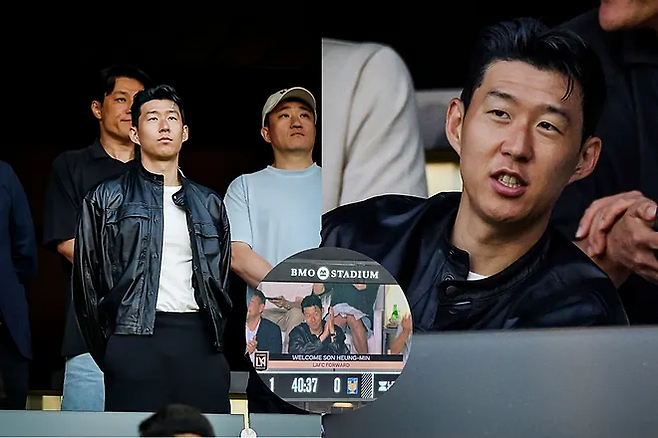 6일 BMO 스타디움에서 열린 LAFC와 티그레스의 리그스컵 경기를 관전 중인 손흥민의 모습. 이날 경기 전광판 속 손흥민은 'LAFC 공격수'라고 소개됐다. 사진=마르카 미국판