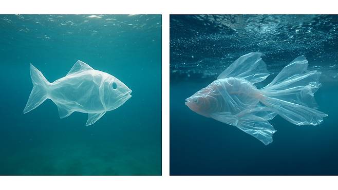 챗지피티(왼쪽)와 미드저니(오른쪽)로 그린 ‘비닐 물고기’.