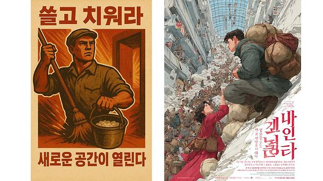 챗지피티(왼쪽)와 미드저니(오른쪽)로 그린 ‘2차 대전 때 분위기 포스터’.