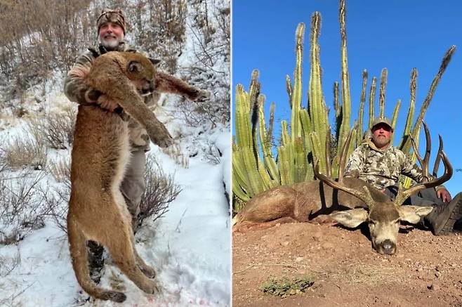 트로피 헌팅 당시 인증샷을 남긴 애셔 왓킨스. 왼쪽은 설원에서 사냥한 퓨마(쿠거)를 들고 포즈를 취한 모습이며, 오른쪽은 멕시코 사막지대로 추정되는 지역에서 큰 뿔을 가진 수사슴과 함께 앉아 있는 장면이다. 그는 평소 다양한 대형 야생동물 사냥 사진을 SNS에 게시해왔다. 출처=애셔 왓킨스 아웃도어스 페이스북