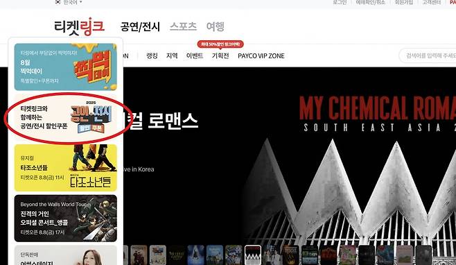 티켓링크 홈페이지 캡처