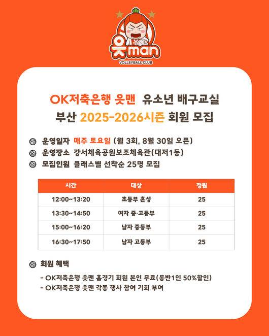 OK저축은행 읏맨 프로배구단이 2025-2026시즌 부산 유소년 배구교실 회원을 모집한다고 밝혔다. / OK저축은행