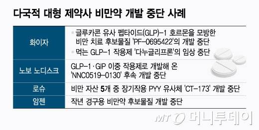 다국적 대형 제약사 비만약 개발 중단 사례/그래픽=윤선정