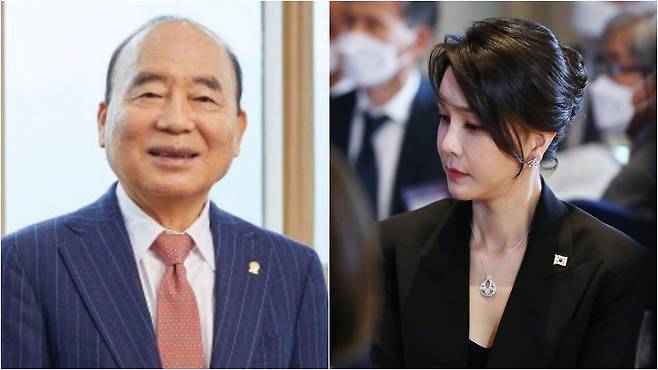 이봉관 서희건설 회장과 김건희 여사. 지난 2022년 6월 스페인 마드리드에서 열린 북대서양조약기구(나토) 정상회의 순방 당시 김건희 여사가 서희건설 측으로부터 받은 것으로 추정되는 6000만원대 반클리프앤아펠 목걸이를 착용하고 있다./뉴시스