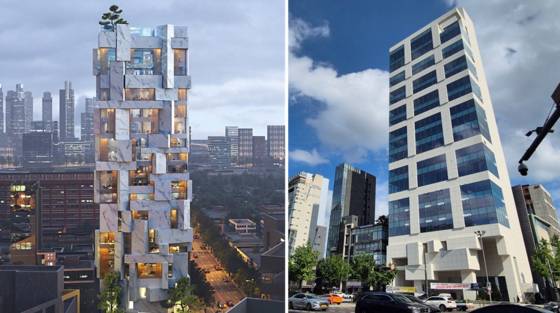 청담동 1번지에 지어진 최상위층 멤버십 클럽 '디아드 청담'의 조감도(왼쪽)와 실제 준공된 모습. 사진 도미니크페로 아키텍츠, 한은화 기자