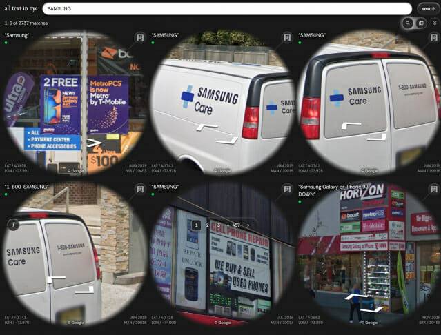 기자도 직접 무료 사이트인 'all text in nyc' 웹사이트에서 'SAMSUNG' 단어를 검색해봤다. 구글 스트리트뷰에 찍힌 SAMSUNG 단어가 나온 다양한 이미지들이 나온다. 이처럼 누구나 뉴욕 거리에 있는 단어들을 검색해볼 수 있다.