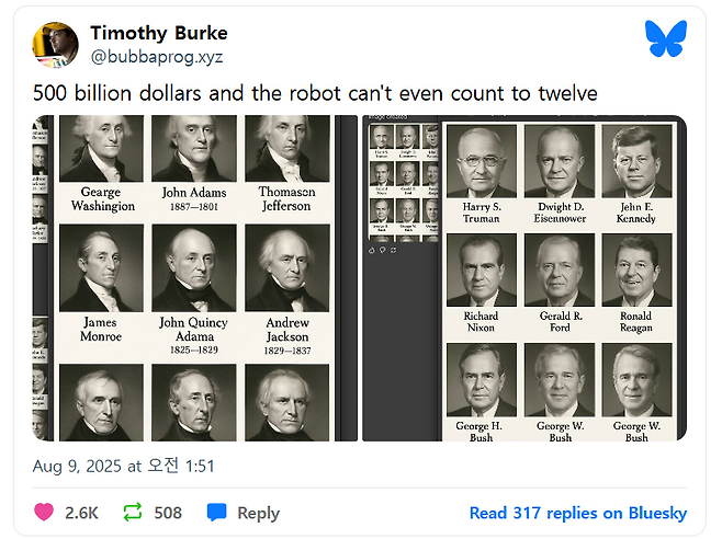 SNS에 게시된 GPT-5의 잘못된 결과물. 미국 건국 초기 대통령에 대한 표를 만들어 달라는 요청에 대통령들의 이름에 심각한 오타가 발견됐다. /사진=블루스카이 캡처