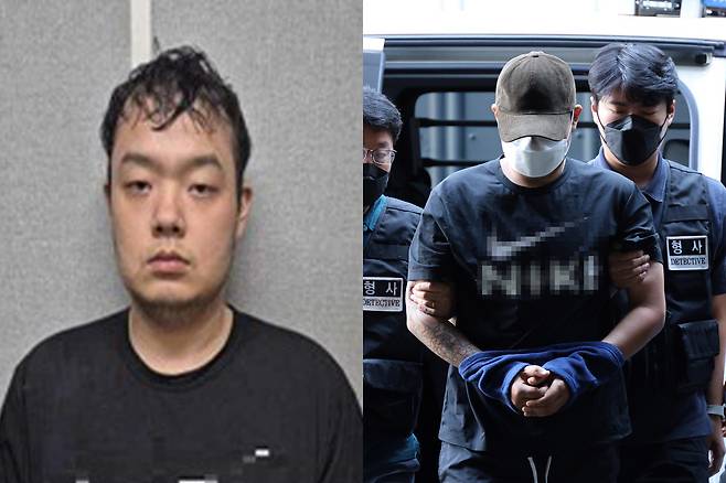 지난 5일 대전 교제살인 사건 피의자 장재원이 입원 중이던 병원에서 퇴원하면서 경찰에 체포돼 대전서부경찰서로 들어서고 있다. 왼쪽은 공개된 장재원 신상. 대전경찰청 제공·연합뉴스